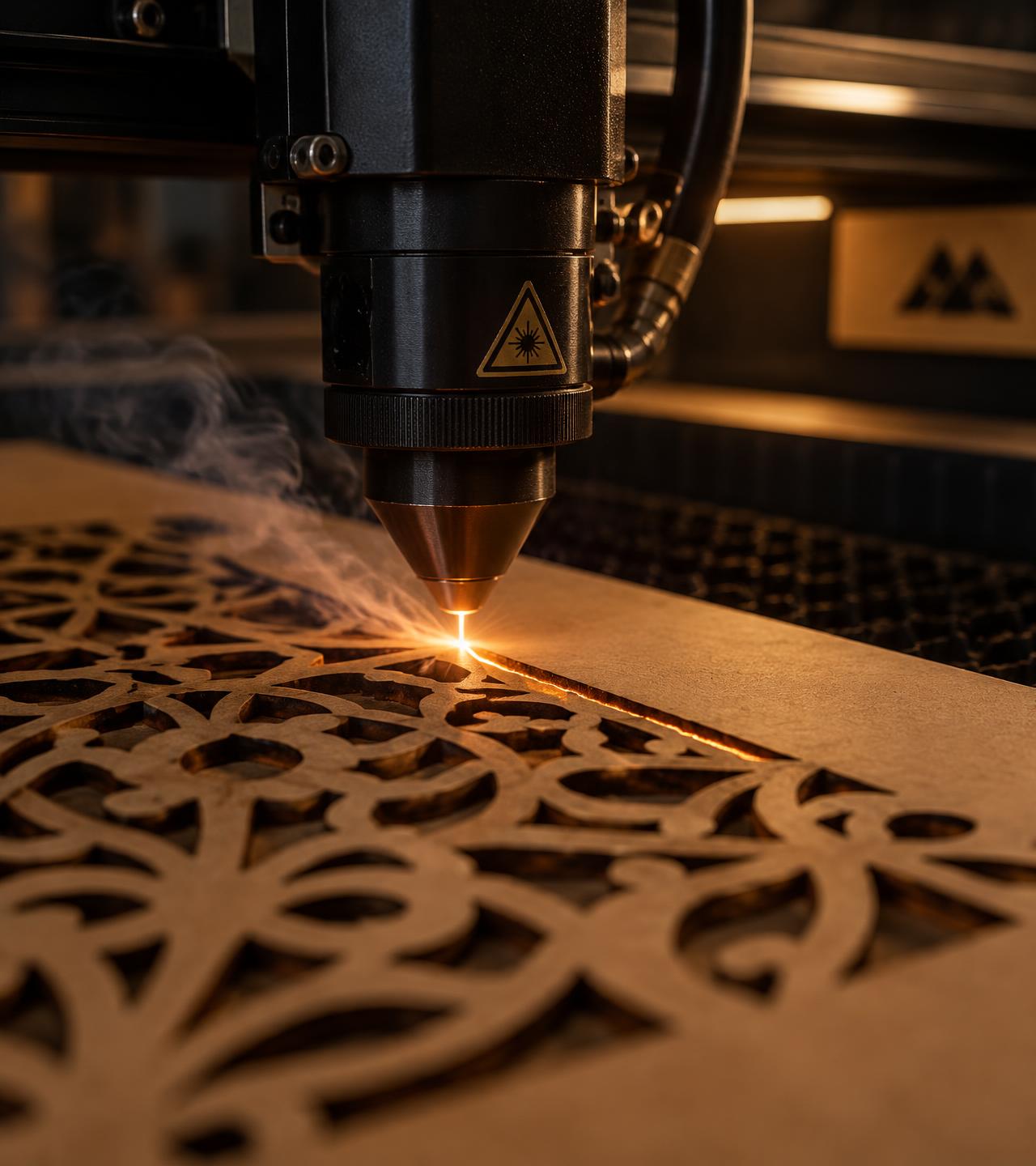 Cabeçote laser cortando um padrão detalhado em chapa de MDF